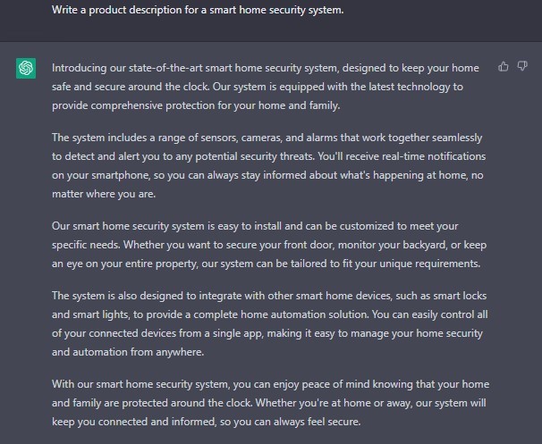 Write a product description for a smart home security system. ChatGPt Prompt 