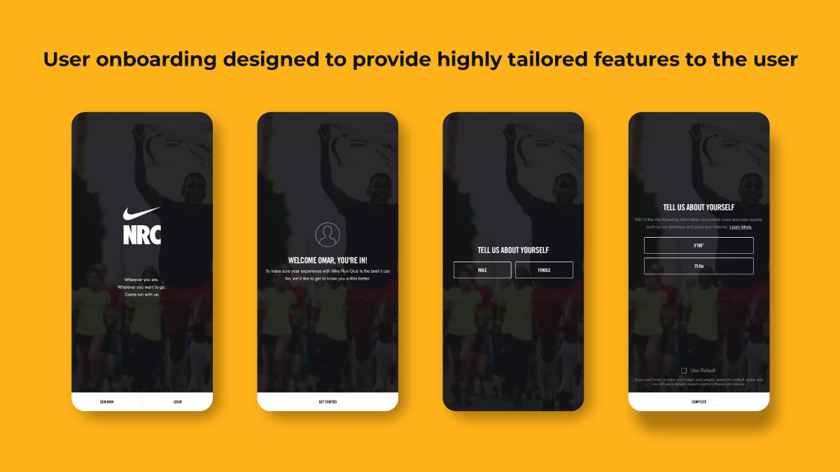 Nike Run Club: User onboarding designed to collect data from user to provide tailored features