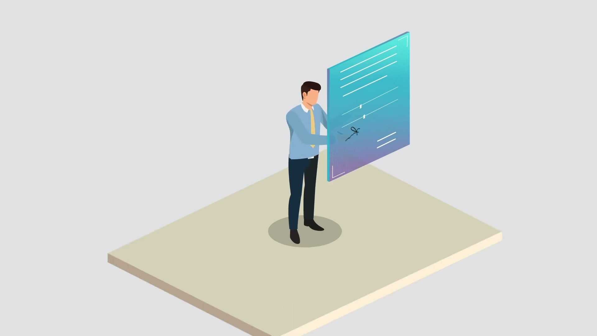 Scene from the film: a business owner at a desk, working through the steps of setting up.