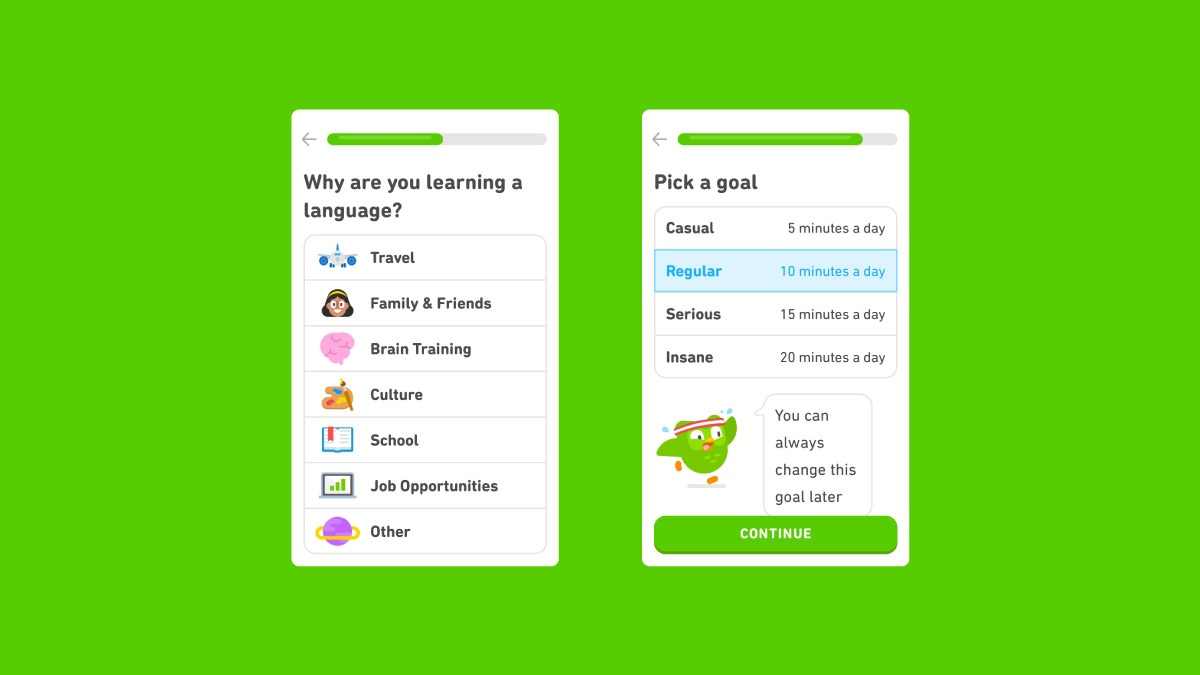 interactive progress indicators in Duolingo app onboarding