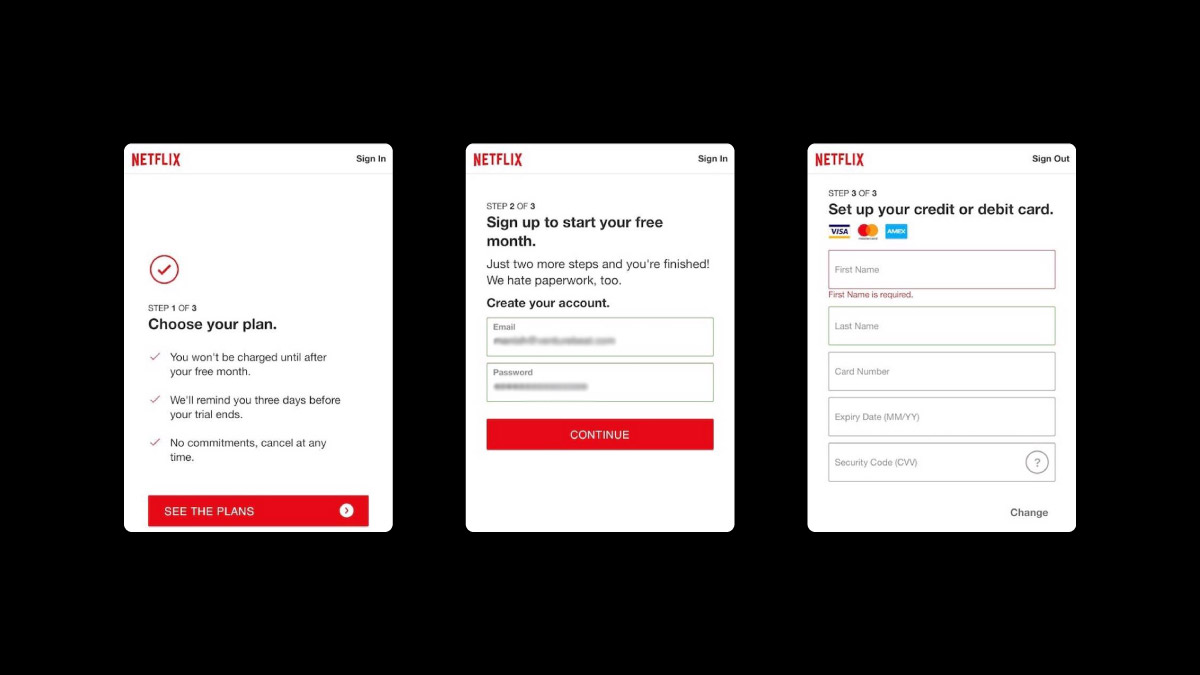 3 step onboarding process of Netflix