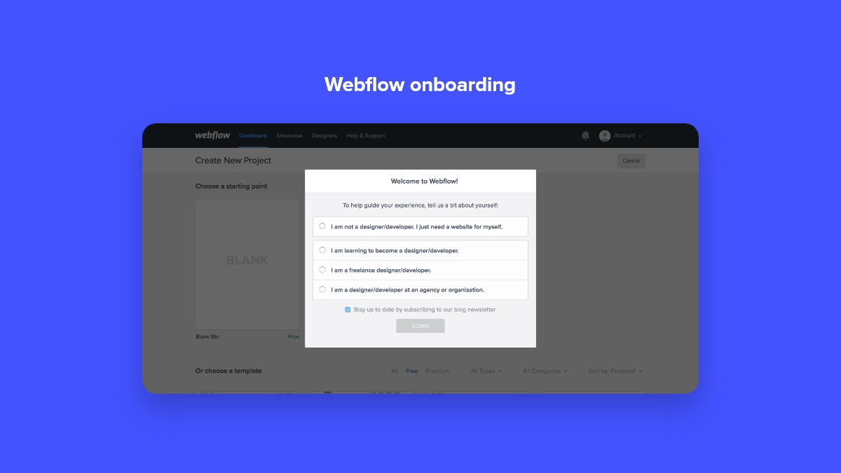 Webflow user onboarding