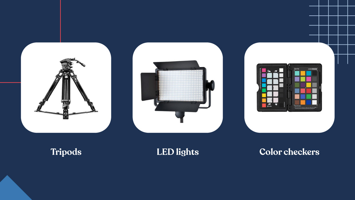 Tripods, LED light, Color checker