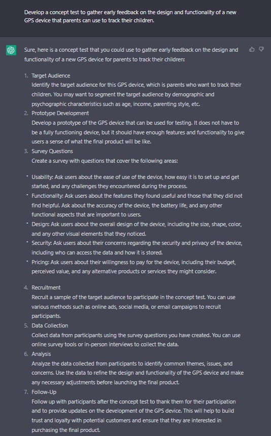 Concept of test for GPS Product - Chat GPT prompt